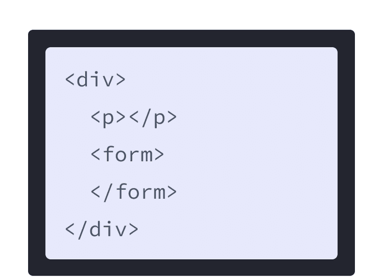 紫の背景の HTML マークアップ。p と form の 2 つの子タグを含んでいる。